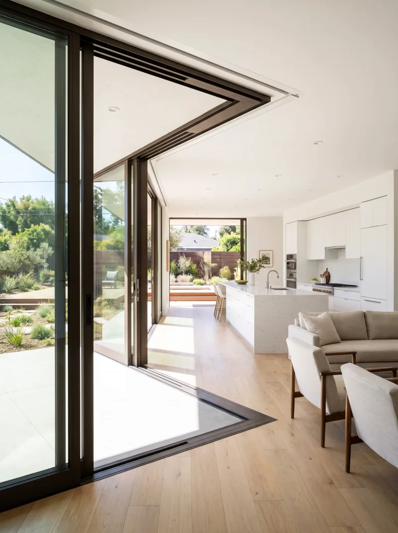 New construction home with modern glass doors and open indoor-outdoor living