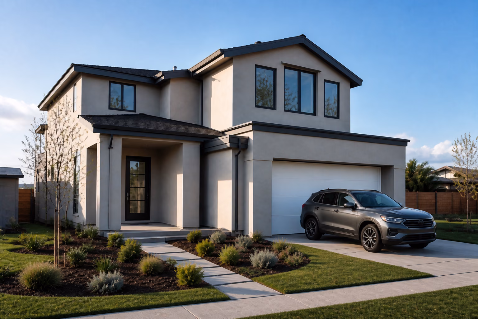 Same new construction home with vinyl windows, entry door, and garage door installed
