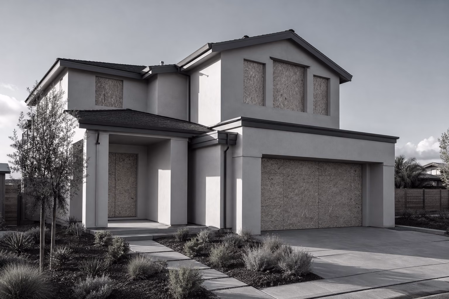 New construction home with framed openings boarded with plywood — windows not installed yet